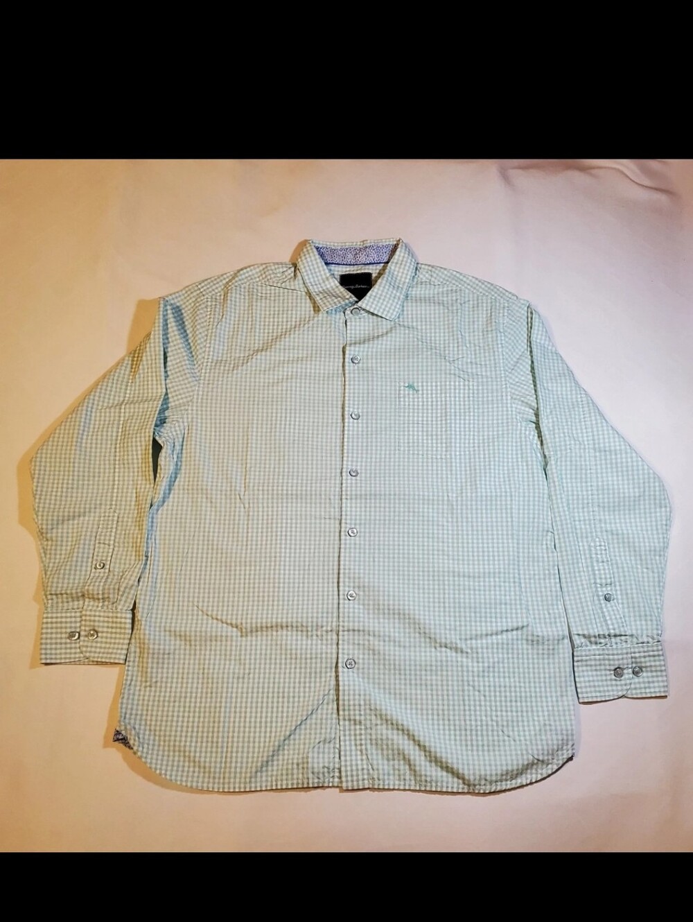 Tommy Bahama Gingham Shirt Mens Large Green Pima Cotton Button Front Marlin Logo